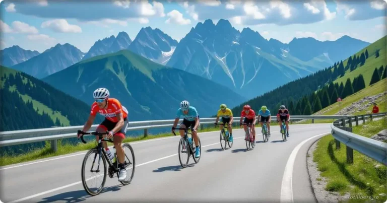 Cycling Events in Romania Complete Guide - Cyclists racing through scenic Carpathian mountain roads during Tour of Romania cycling event with mountain peaks in background