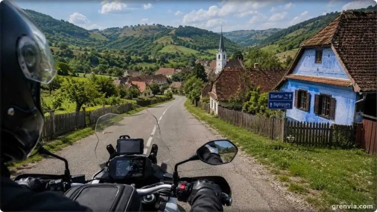 Motorcyclist riding on a narrow rural road in Romania surrounded by rolling hills and traditional village houses.