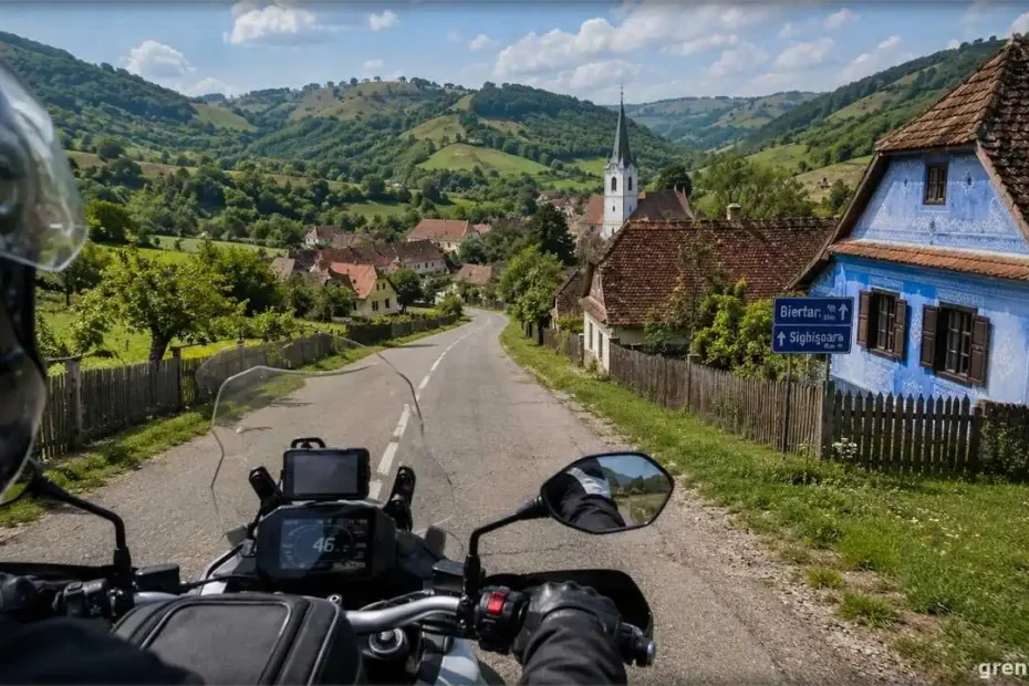 Safe Motorcycling on Romania's Rural Roads: What Every Rider Should Know 3 Motorcyclist riding on a narrow rural road in Romania surrounded by rolling hills and traditional village houses.
