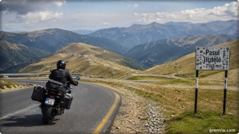 Motorcyclist riding the Transalpina in Romania near Pasul Urdele summit with Carpathian Mountains in the background.