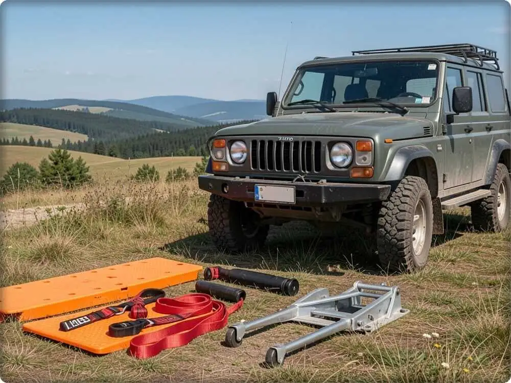 Planning Your Romanian Off-Road Adventure: A Practical Guide 3 Off-road recovery equipment laid out beside a 4x4 vehicle in Romania, including traction boards, recovery straps, and a high-lift jack.