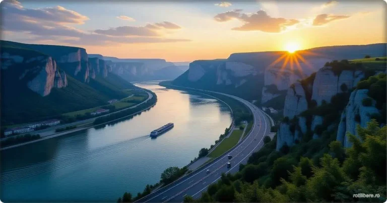 Spectacular view of DN57 road winding along Danube River through Iron Gates gorge with steep cliffs and Serbia on opposite bank