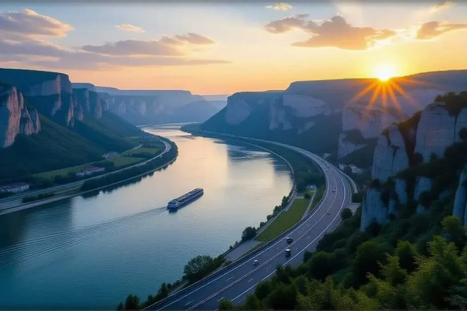 The Scenic Drive to the Danube Delta 8 Spectacular view of DN57 road winding along Danube River through Iron Gates gorge with steep cliffs and Serbia on opposite bank