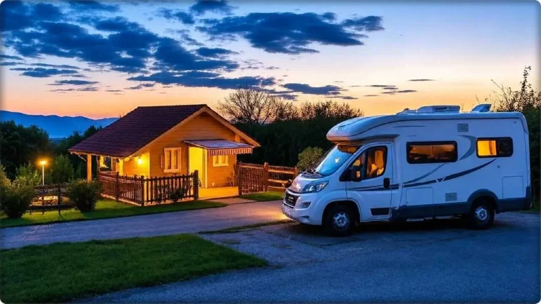 A motorhome parked at a scenic European campsite at dusk, illustrating the daily costs of travelling across Europe by motorhome