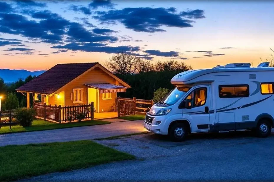 How Much Does It Cost to Travel Europe by Motorhome? Real Budget Guide 4 A motorhome parked at a scenic European campsite at dusk, illustrating the daily costs of travelling across Europe by motorhome