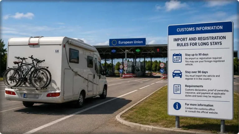 Foreign-registered campervan parked near a European border crossing with customs signage visible, illustrating vehicle import and registration rules for long stays