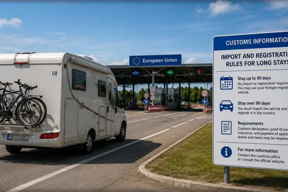 Vehicle Import and Registration Rules for Long Stays: What Every Traveler Needs to Know Before Crossing That Border 2 Foreign-registered campervan parked near a European border crossing with customs signage visible, illustrating vehicle import and registration rules for long stays