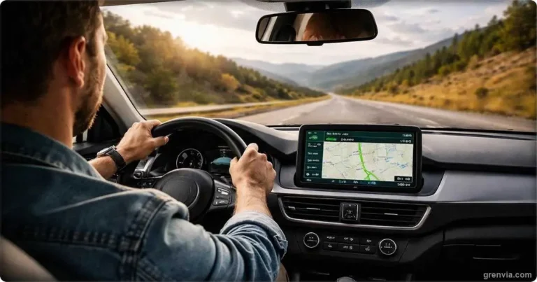 Driver at the wheel for a long road trip with a GPS app open on the dashboard