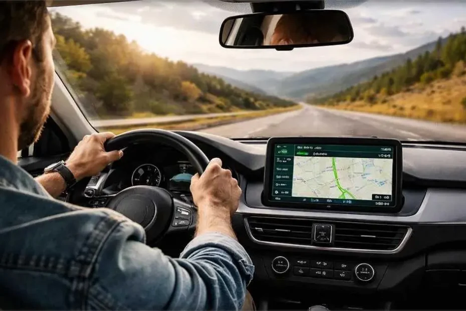 How to Plan Fuel Stops on Long Distance Drives 5 Driver at the wheel for a long road trip with a GPS app open on the dashboard