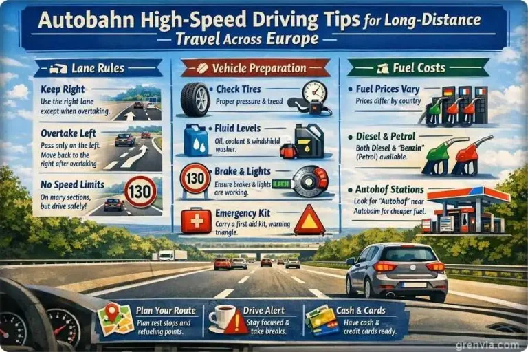 German Autobahn high-speed driving tips for long-distance travel across Europe — lane rules, vehicle prep, and fuel costs.