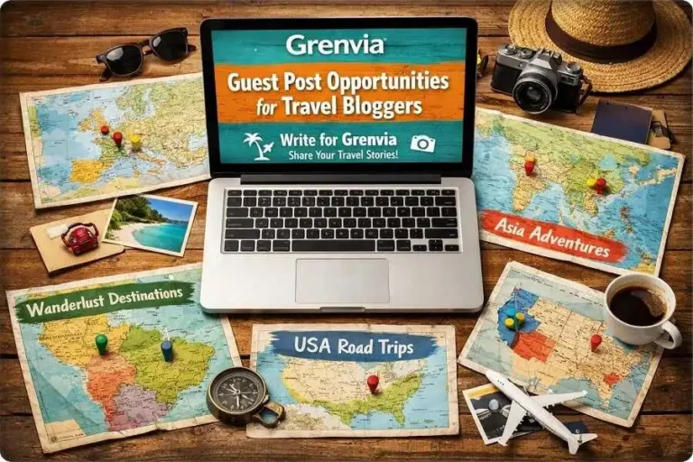 A laptop on a wooden table with travel maps representing guest post opportunities for travel bloggers on Grenvia.