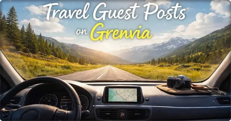 Open road trip view through the windshield representing travel guest post opportunities on Grenvia.