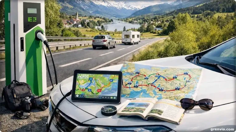 Electric car travel Europe road trip charging station highway route planning.
