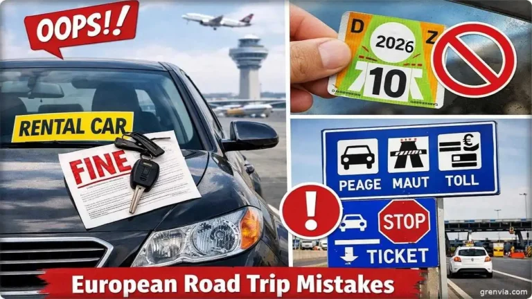 European road trip mistakes — rental car, vignette sticker and toll road signage across Europe.
